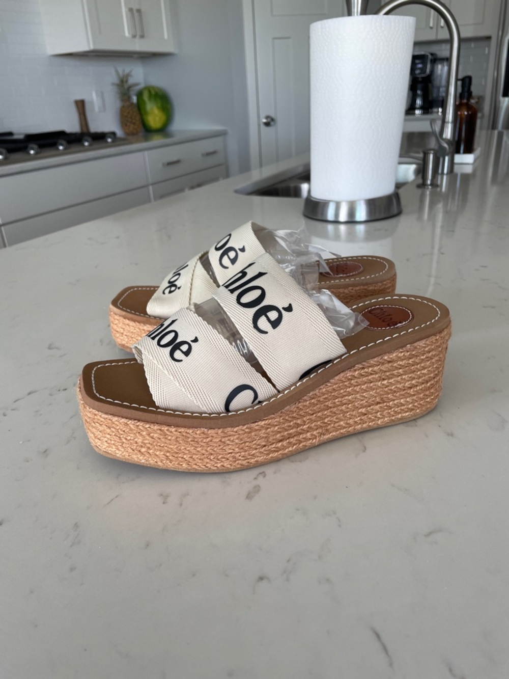 Chloé Woody Wedge Cream Logo Espadrille Wedge Sandals - Size 40 so Size 9